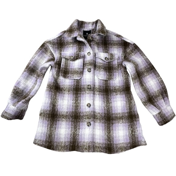 Bagatelle Purple Plaid Women’s Jacket Shacket Button Up Size Small Oversized - Picture 2 of 14